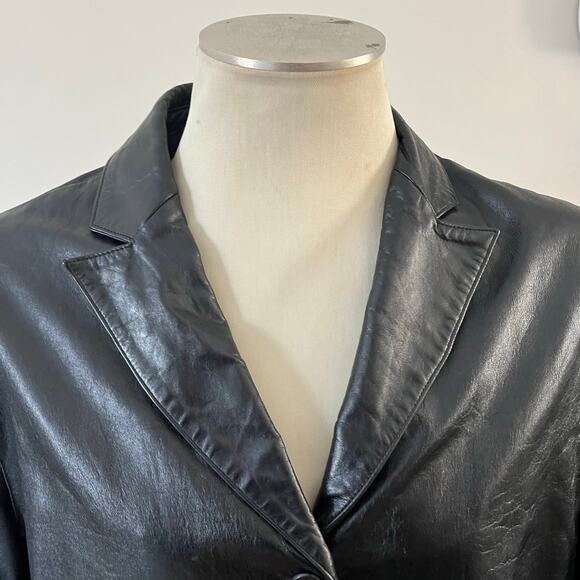 Vtg Y2K 2000s Black Leather Blazer Car Coat Wmns XL Grunge Casual - Picture 2 of 13